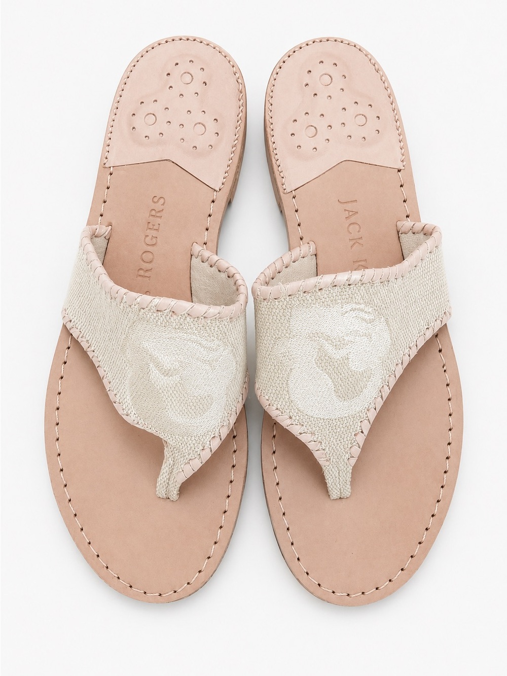 Jack Rogers Spartina Mermaid Thong Flip Flop Sandals Pink Ivory Leather Linen 9 - Picture 1 of 14